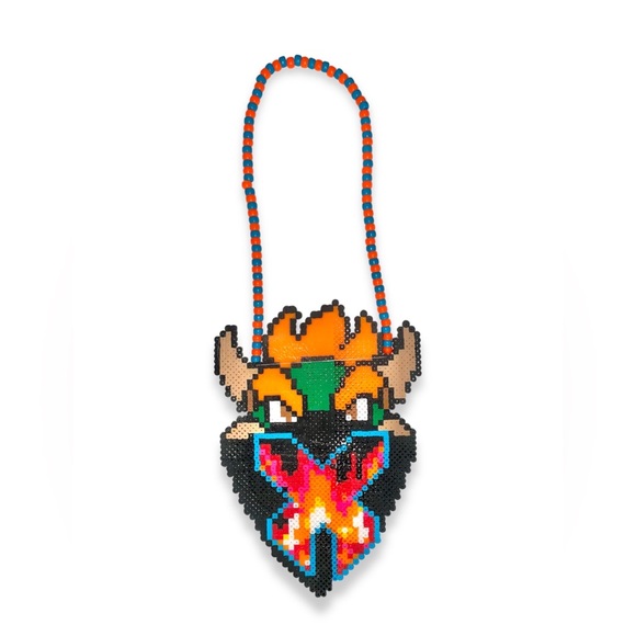 SUPER MARIOS BOWSER EXCISION FLAME PERLER BEAD KANDI NECKLACE RAVE FESTIVAL - Picture 2 of 2